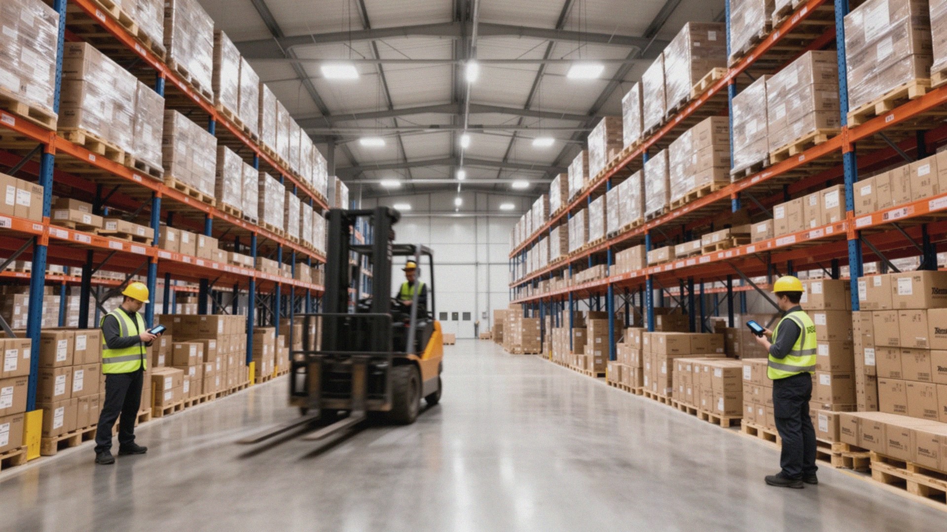 Modern logistics warehouse with racking and a forklift